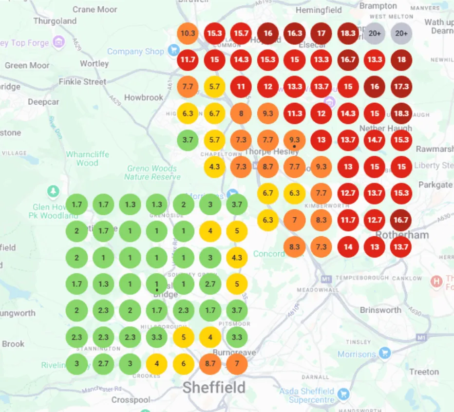 Local SEO visibility heatmap showing search ranking coverage across a service area